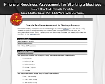 Financial Readiness Assessment for Starting a Business Editable and Printable Template | Business and Entrepreneurship | Business Planner