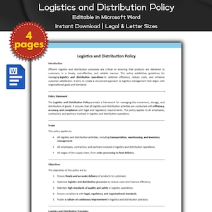Könnte beinhalten: Ein schwarzweißes Dokument mit dem Titel "Logistik- und Distributionsrichtlinie" und dem Text "In Microsoft Word bearbeitbar" und "Sofort-Download | Rechts- und Briefformate". Das Dokument ist in Abschnitte mit Überschriften wie "Einführung", "Richtlinien-Erklärung", "Geltungsbereich" und "Ziele" unterteilt.