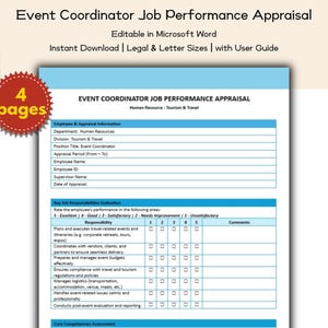 Op de afbeelding: Een blauw document getiteld "Event Coordinator Job Performance Appraisal" met tekstvelden en beoordelingsschalen. Het document is bewerkbaar in Microsoft Word. Een rood badge geeft "4 pagina's" aan.