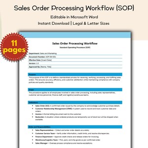 May include: A document titled "Sales Order Processing Workflow (SOP)" is shown. It's editable in Microsoft Word and available for instant download in legal and letter sizes. A red sticker indicates "11 pages".