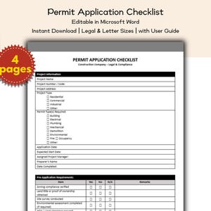 Könnte beinhalten: Eine weiße Checkliste für einen Bauantrag mit schwarzem Rand, mit Feldern für Projektinformationen und Vorabanforderungen. Der Text "Permit Application Checklist" steht oben. Das Bild enthält auch den Text "Editable in Microsoft Word" und "Instant Download".