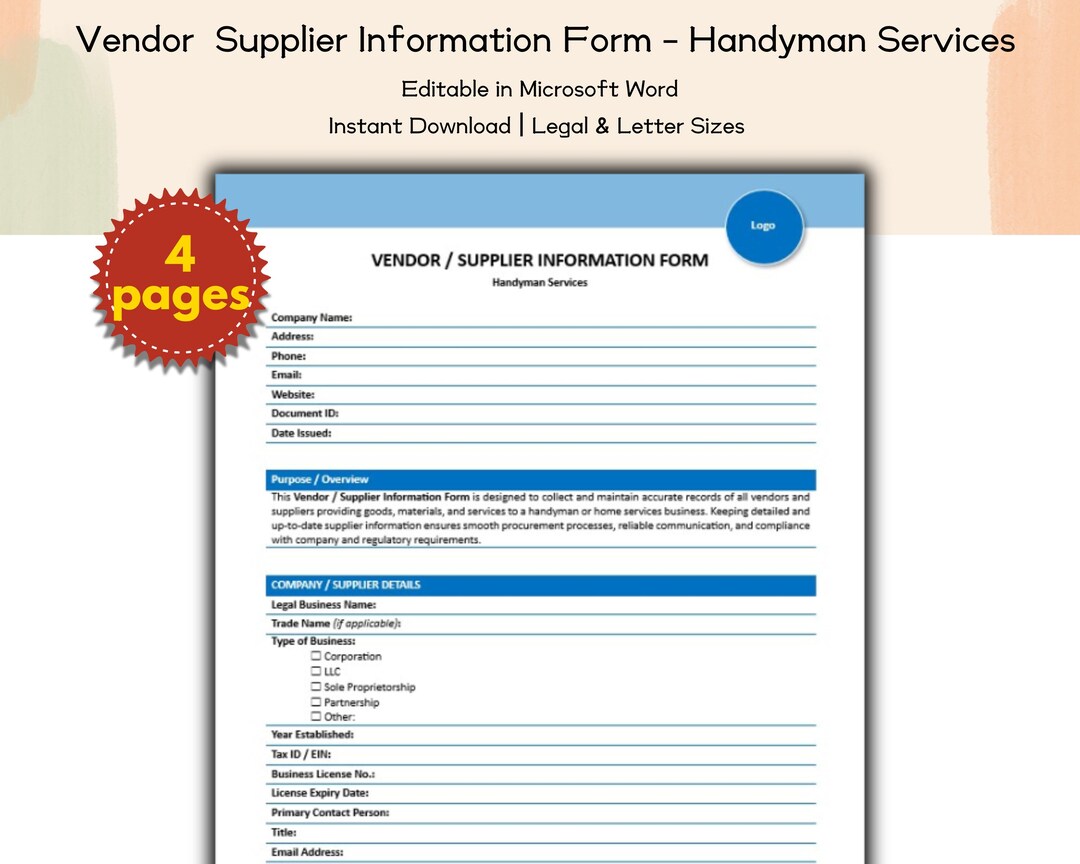 Vendor / Supplier Information Form Editable and Printable Template ...
