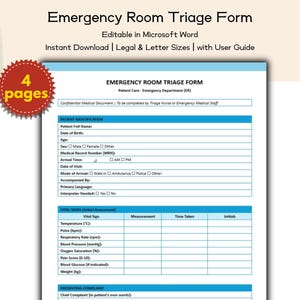 May include: A printable emergency room triage form with sections for patient identification and vital signs. The form includes fields for temperature, pulse, and blood pressure. The text "Emergency Room Triage Form" is at the top.
