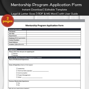 Op de afbeelding: Een zwart-wit mentorprogramma-aanvraagformulier met de titel "Mentorprogramma-aanvraagformulier" bovenaan. Het formulier bevat secties voor persoonlijke informatie, programmarol, jaren professionele ervaring, expertisegebieden, eerdere mentorervaring en een sectie voor waarom de aanvrager mentor wil worden.