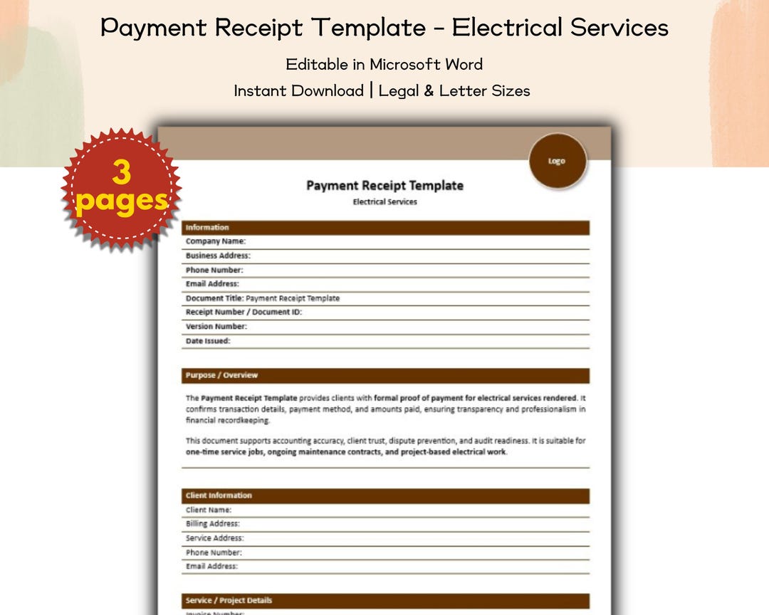 Payment Receipt Template Electrical Services Form Editable and ...