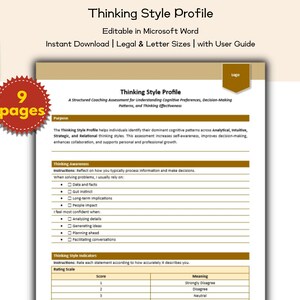 Può includere: Un documento di valutazione di coaching Thinking Style Profile di nove pagine in formato digitale. Il documento presenta un'intestazione marrone con un segnaposto per il logo, sezioni sulla consapevolezza del pensiero e una tabella di valutazione.