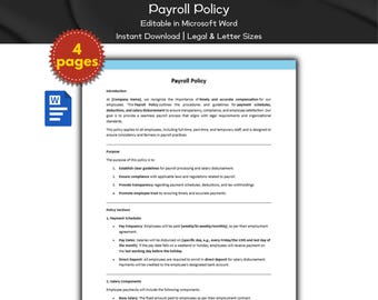 Payroll Policy Editable Template | Human Resource Policies | Compensation & Benefits | Microsoft Word | Employee Management | HR Tools