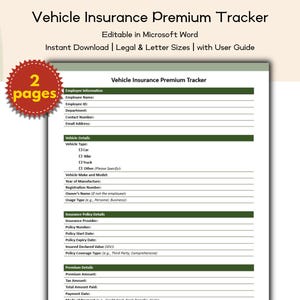 Vehicle Insurance Premium Tracker Editable and Printable Template, Human Resource Insurance, Company Renewals and Expenses, Auto Insurance