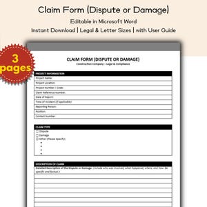 Op de afbeelding: Een wit schadeformulier met de titel "Claim Form (Dispute or Damage)" met invulvelden voor projectinformatie en schadegegevens. Het formulier is bewerkbaar in Microsoft Word.