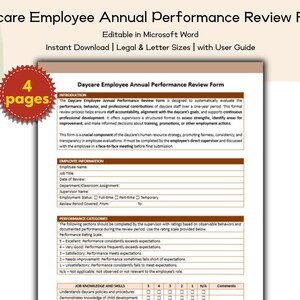 Könnte beinhalten: Ein Formular zur jährlichen Leistungsbeurteilung von Tagespflege-Mitarbeitern, bearbeitbar in Microsoft Word. Sofortiger Download verfügbar. Das Formular enthält Abschnitte für Mitarbeiterinformationen und Leistungskategorien. 4 Seiten.