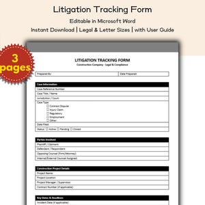 Construction Company Litigation Tracking Form Editable and Printable Template, Legal and Compliance, Project Managers & Site Supervisors