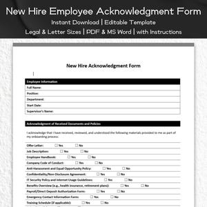 New Hire Employee Acknowledgment Form Editable and Printable Template | Recruitment, HR Templates Form | Human Resource | HR Professionals