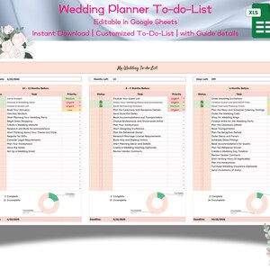 May include: A printable wedding planner to-do list in a pink and green color scheme. The list is divided into three sections: 12 months before, 6 months before, and 3 months before. Each section has a list of tasks with checkboxes for completion, a priority level, and a status indicator. The title of the document is "Wedding Planner To-do-List".