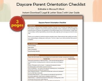 Daycare Parent Orientation Checklist Editable and Printable Template, Preschool, Childcare Professionals, School Administrators