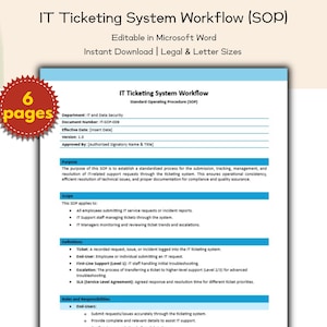 May include: A document titled "IT Ticketing System Workflow (SOP)" is shown, editable in Microsoft Word, available for instant download in legal and letter sizes. A red circular sticker indicates "6 pages". The document details IT support processes.