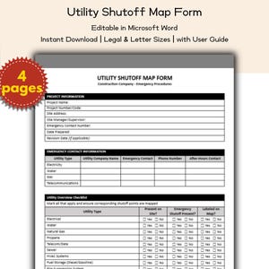 Construction Company Utility Shutoff Map Form Editable and Printable Template, Emergency Procedures, Contractor Firms Safety Compliance