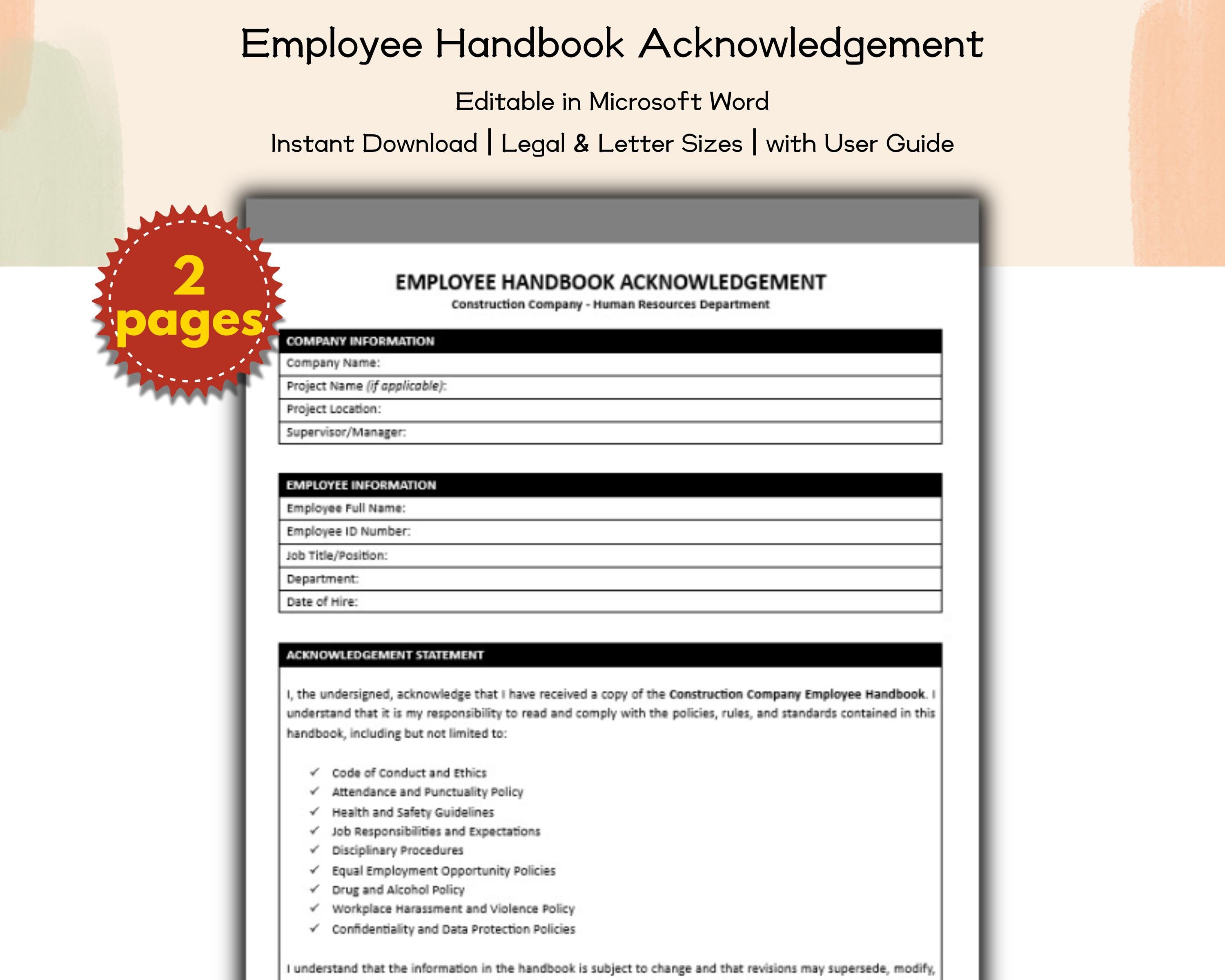Construction Company Employee Handbook Acknowledgement Editable and ...