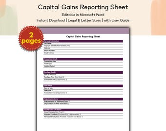 Capital Gains Reporting Sheet – Editable and Printable Template for Tracking Investment Sales, Taxable Gains and Financial Records
