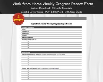 Formulário de Relatório de Progresso Semanal de Trabalho em Casa Modelo Editável e Imprimível | Gestão de Funcionários de Trabalho em Casa | Gestão de Desempenho de RH