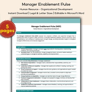 May include: A teal and white document titled "Manager Enablement Pulse" with text about human resources and organizational development. The document is labeled as an instant download and editable in Microsoft Word. A red sticker indicates "5 pages".