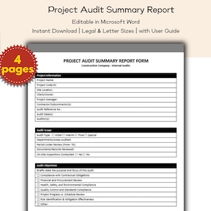May include: A white document titled "Project Audit Summary Report Form" with a red and gold "4 pages" sticker. The document includes sections for project information, audit scope, and objectives. Text on the document includes "Editable in Microsoft Word" and "Instant Download".