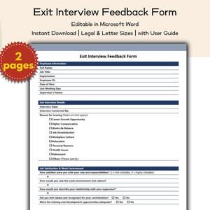 Puede incluir: Un formulario imprimible de comentarios de entrevista de salida, editable en Microsoft Word. El formulario incluye secciones para información del empleado, detalles de la entrevista y satisfacción laboral. Descarga instantánea.