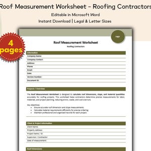 Puede incluir: Una "Roof Measurement Worksheet" imprimible para contratistas de techado, editable en Microsoft Word. Descarga instantánea en tamaños legal y carta. El documento incluye secciones para información de la empresa, detalles del proyecto y dimensiones del techo.