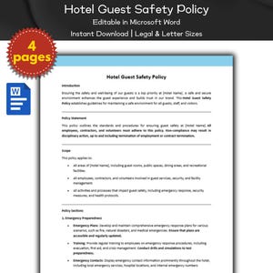 May include: A white document with blue text outlining a Hotel Guest Safety Policy. The document includes sections for Introduction, Policy Statement, Scope, Policy Sections, Emergency Preparedness, and Emergency Contacts. The document is labeled as editable in Microsoft Word and available for instant download in legal and letter sizes.