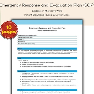 Puede incluir: Se muestra un documento titulado "Emergency Response and Evacuation Plan (SOP)". Es editable en Microsoft Word y está disponible para descarga instantánea en tamaños legal y carta. Un gráfico de estrella roja indica "10 páginas".