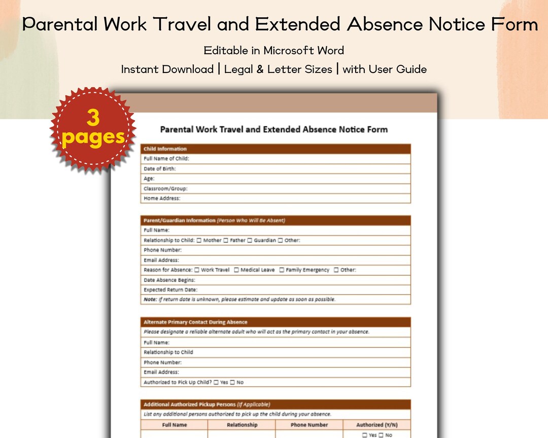 Ncpk Extended Absence Form.pdf Daycare Parental Work Travel and Extended Absence Notice Form Editable ...