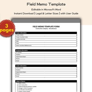 May include: A white field memo template with black text, including sections for project information, recipient information, and sender information. The template is labeled "Field Memo Template" and includes the text "Editable in Microsoft Word" and "Instant Download | Legal & Letter Sizes | with User Guide."