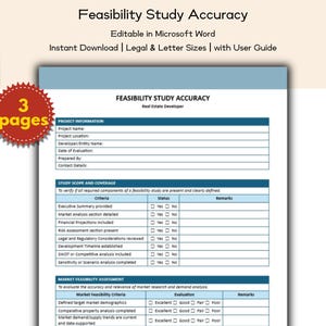 May include: A blue and white document titled "Feasibility Study Accuracy" with editable fields. The document includes sections for project information, study scope, and market feasibility assessment. A red sticker with "3 pages" is in the upper left corner.