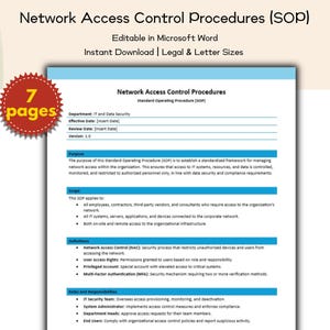 May include: A document titled "Network Access Control Procedures (SOP)" with a blue and white design. The document is editable in Microsoft Word and available for instant download in legal and letter sizes. A red starburst graphic indicates the document is 7 pages.