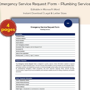 Emergency Service Request Form Plumbing Services Editable and Printable Template, Plumbing Contractors and Service Companies Providers