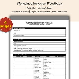 Plantilla editable e imprimible para comentarios sobre inclusión en el lugar de trabajo en empresas de construcción, Diversidad e inclusión, Gerente de proyecto, Personal administrativo