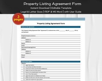 Formulário de Contrato de Listagem de Propriedade Modelo Editável e Imprimível para Agentes Imobiliários | Listagens de Imóveis | Marketing para Agentes Imobiliários