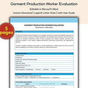 May include: A blue and white document titled "Garment Production Worker Evaluation" with text including "Editable in Microsoft Word" and "Instant Download." A red and gold sticker reads "5 pages."