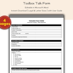 Construction Company Toolbox Talk Form Editable and Printable Template, Safety Compliance Teams, Risk Management Personnel, HR Teams