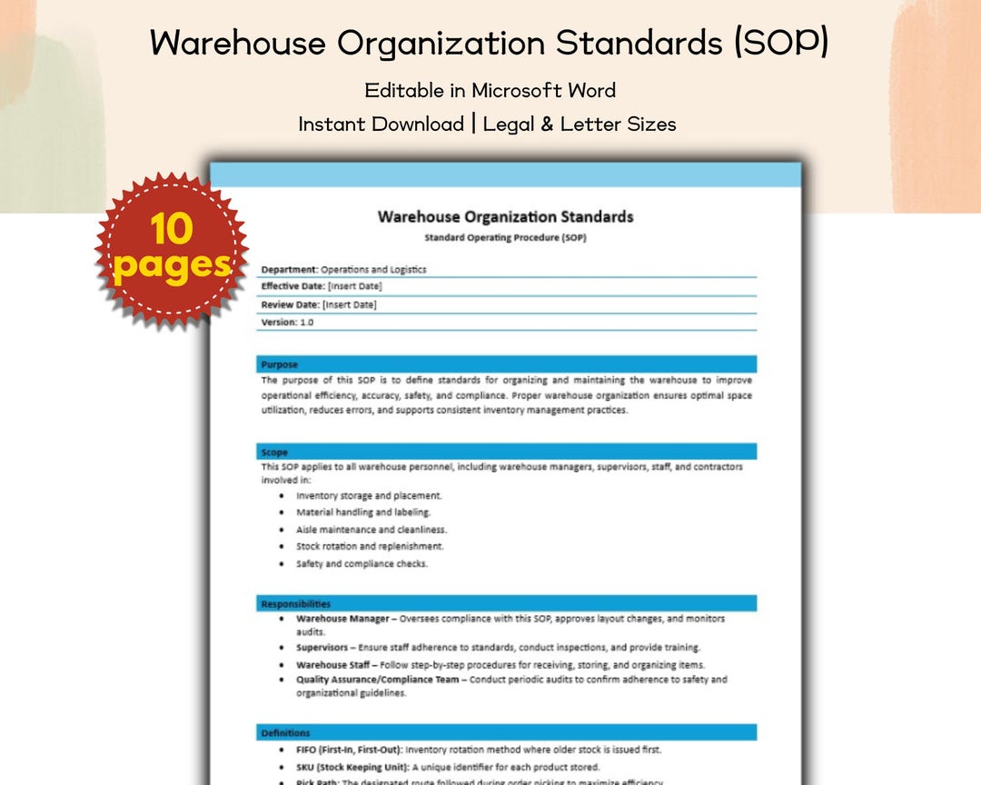 Organization Standards Examples Warehouse Organization Standards SOP Editable and Printable Template ...