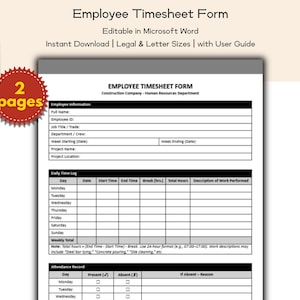 Timesheet Form eines Bauunternehmens bearbeitbare und druckbare Vorlage, Personalwesen, Facharbeiter, Subunternehmer-Verwalter, Personalwesen-Formulare