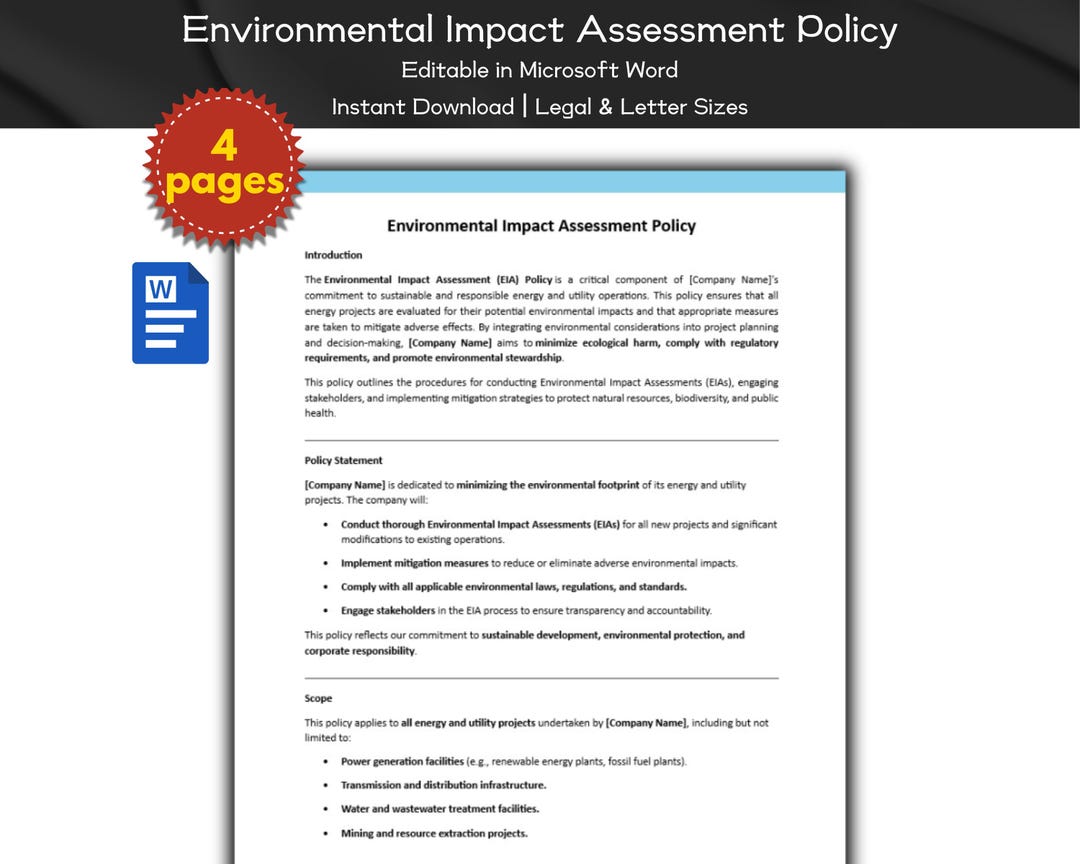 Environmental Impact Assessment Policy Editable Template, Energy ...