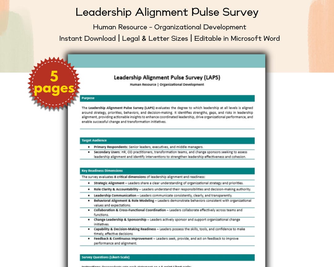 Leadership Alignment Lab Leadership Alignment Pulse Survey Editable and Printable Template ...
