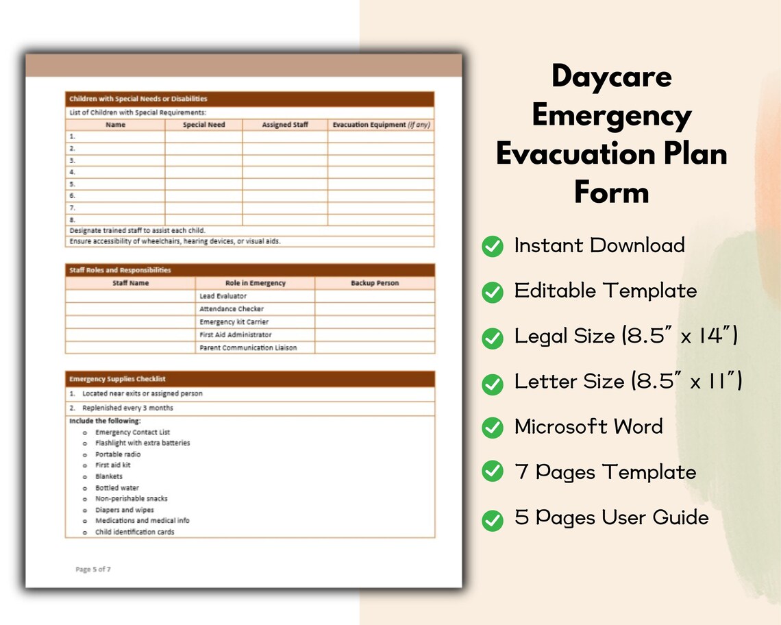 Daycare Emergency Evacuation Plan Form Editable and Printable Template ...