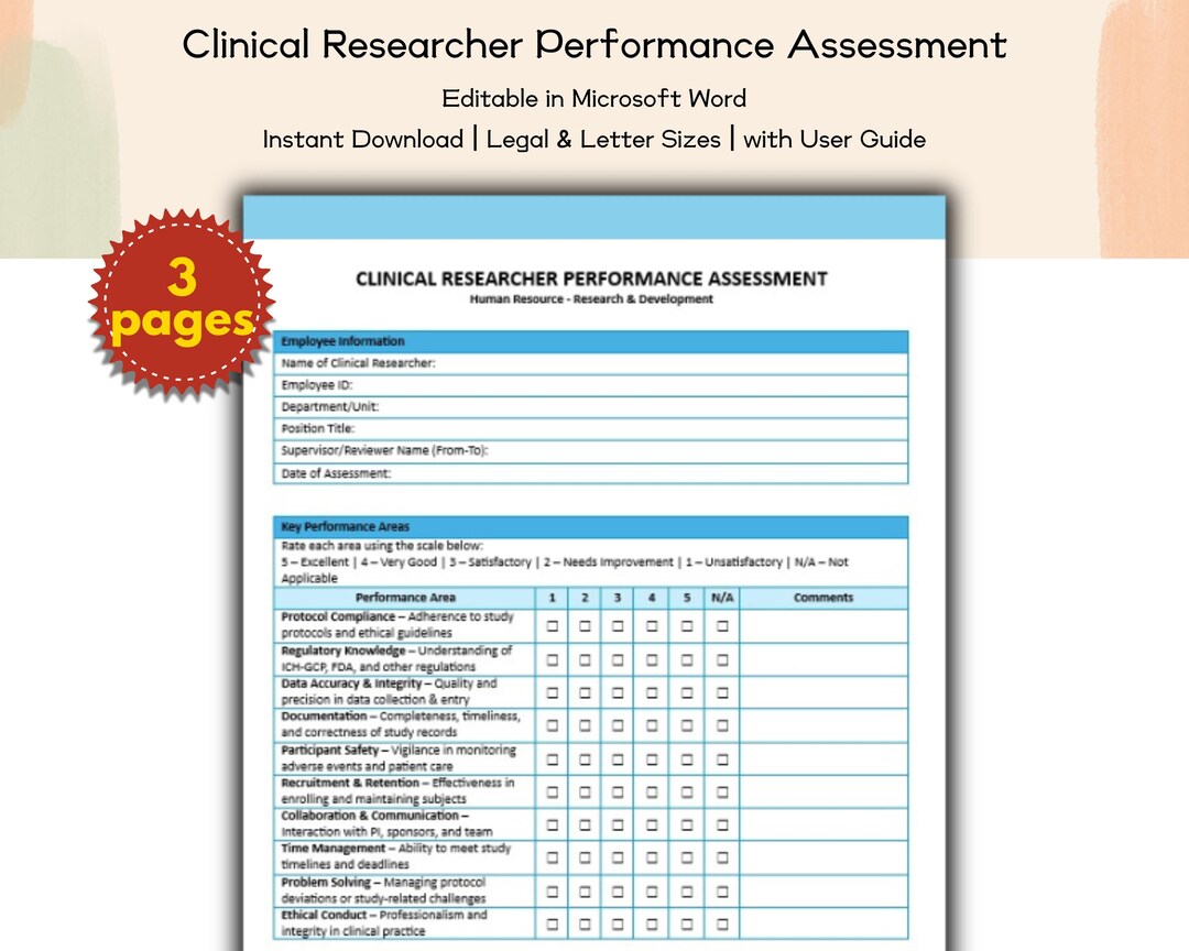 Research Performance Assessment Clinical Researcher Performance Assessment Editable and Printable ...