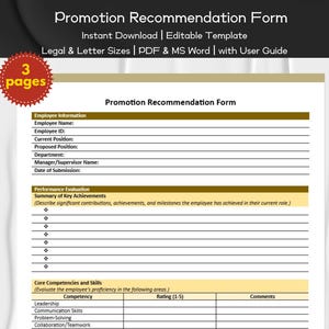 Promotion Recommendation Form Editable and Printable | Employee Management | HR Form Template | Employee Performance and Development
