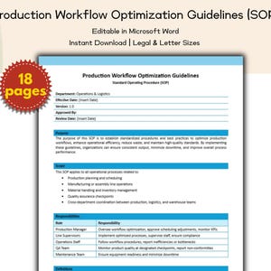 Op de afbeelding: Een digitaal document getiteld "Production Workflow Optimization Guidelines (SOP)" wordt weergegeven. Het document is bewerkbaar in Microsoft Word en direct te downloaden in de formaten Legal en Letter. Het document is 18 pagina's lang.