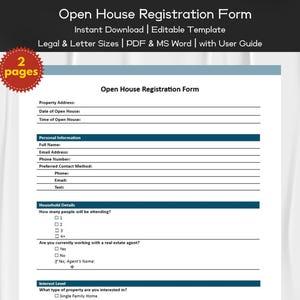 Open House Registration Form Editable and Printable Template for Real Estate Agents | Real Estate, Property Listings | Agent Marketing