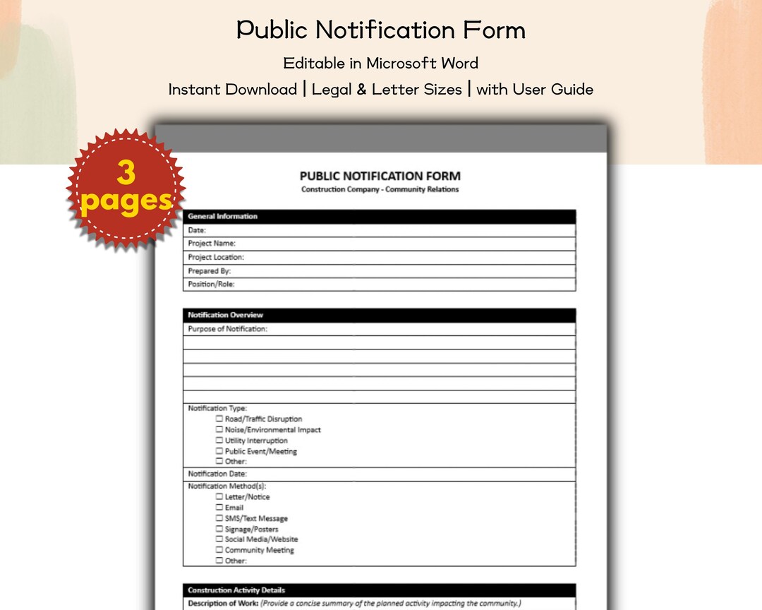 Construction Company Public Notification Form Editable and Printable ...