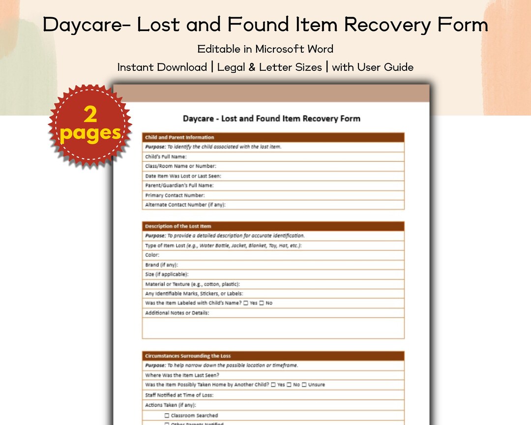 Daycare Lost and Found Item Recovery Form Editable and Printable ...