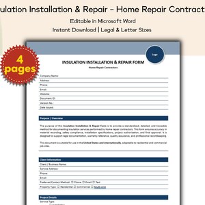 Puede incluir: Un formulario azul y blanco titulado "Insulation Installation & Repair Form" para contratistas de reparación de viviendas. El formulario incluye campos para información de la empresa, detalles del cliente y especificaciones del proyecto. La imagen también incluye el texto "Editable in Microsoft Word" y "Instant Download | Legal & Letter Sizes."